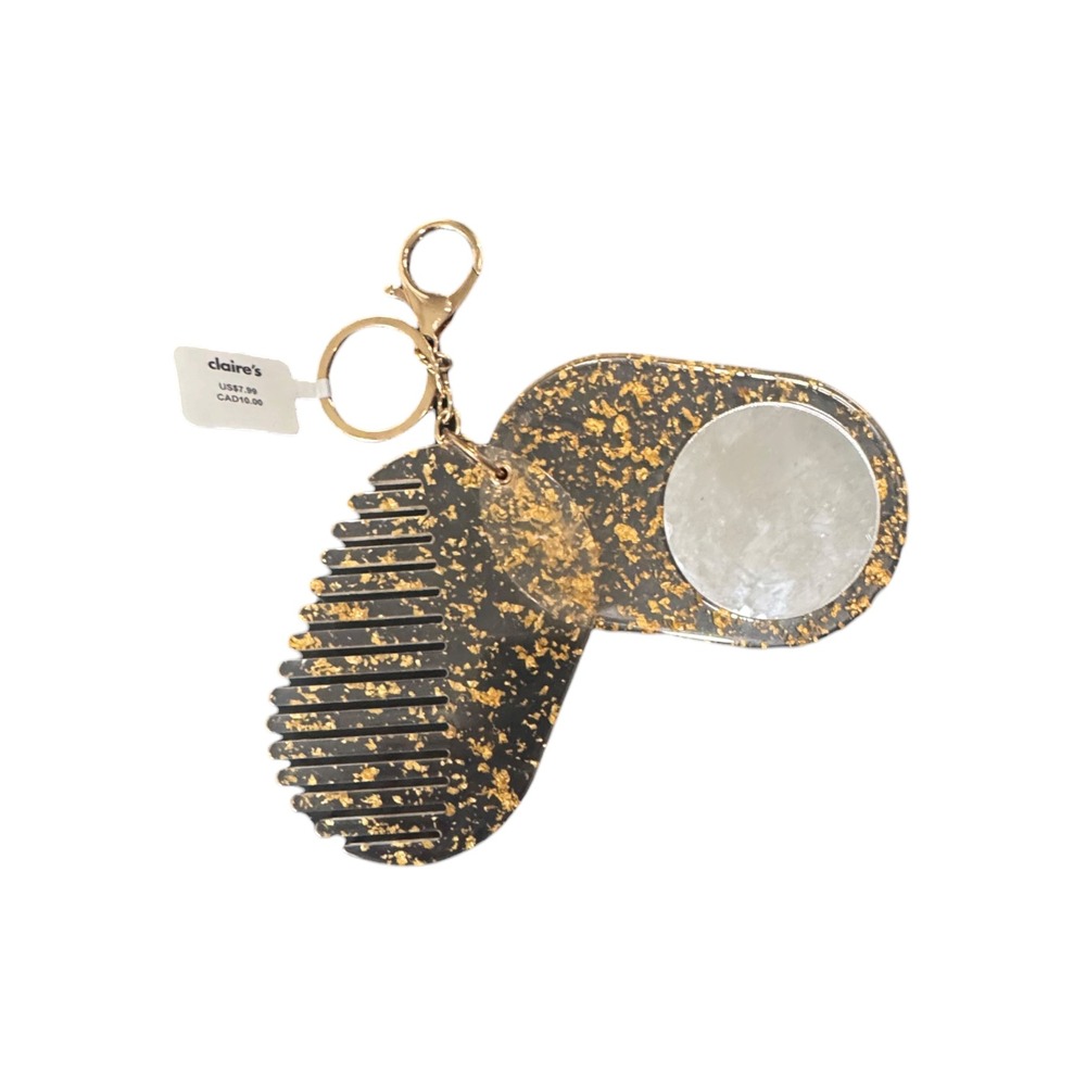 Claire's Gold Foil Resin Keychain with Fold Out Hair Comb and Mirror NEW